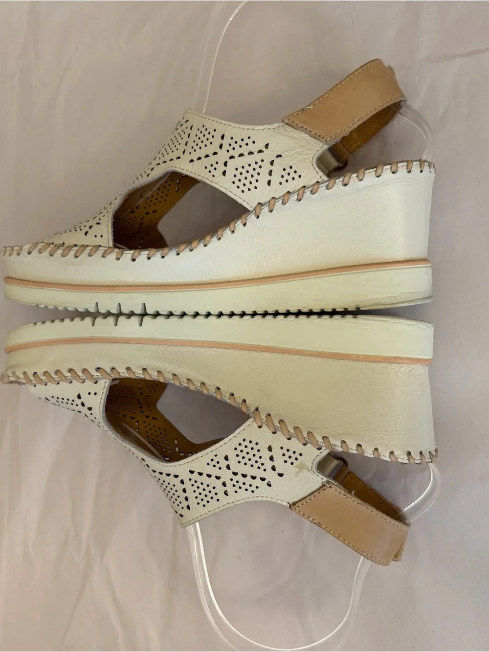 PIKOLINOS White Perforated Wedge Sandals with Tan Accents Sz 38